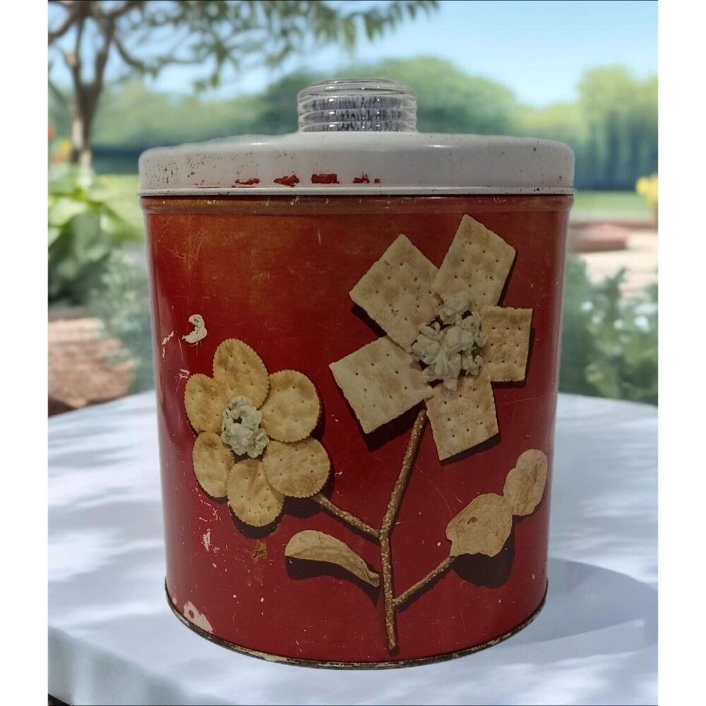 Saltine Cracker Pretzel Cookie Tin Blue Magic DRI NOB Krispy Kan Lid Red
